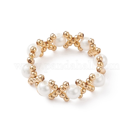Anello da donna con perle intrecciate in conchiglia e perle intrecciate in ottone RJEW-TA00053-1