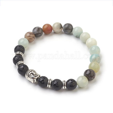 Natural Flower Amazonite Beads and Natural Frosted Agate Beads Stretch Bracelets BJEW-JB03848-03-1