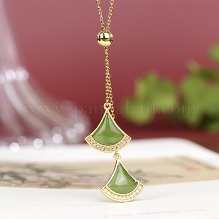 Ожерелье с подвеской в форме веера из натурального зеленого нефрита NJEW-BB50628-A-1