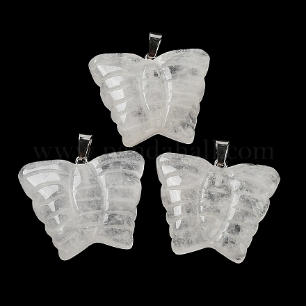 天然水晶彫刻ペンダント  プラチナメッキ真鍮スナップ留めの蝶のチャーム  30x35.5x7mm  穴：7x4.5mm G-B067-01E-1