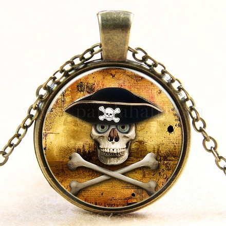 Piraten-Totenkopf & crossbone Muster flachen runden Glas-Anhänger Halsketten X-NJEW-N0051-005F-01-1