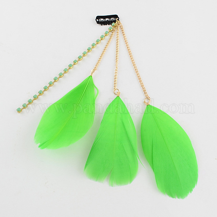 Dyed Feather Iron Snap Hair Clips with Brass Rhinestone Chains and Iron Chains PHAR-R120-06-1