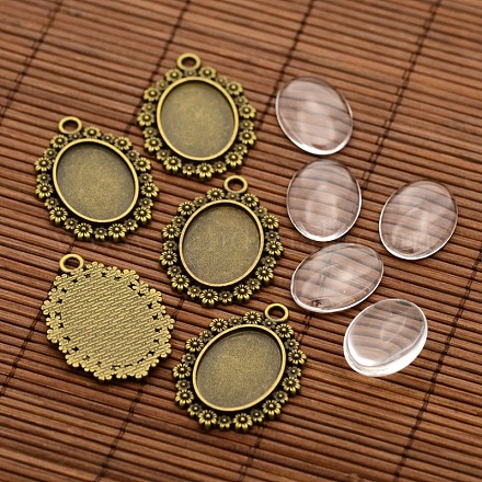 Vintage Alloy Flower Pendant Cabochon Bezel Settings and Transparent Oval Glass Cabochons DIY-X0230-AB-NF-1