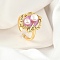 Brass Enamel Cuff Rings, with Natural Freshwater Pearl, Real 18K Gold Plated, Oval with Flower, Flamingo, Inner Diameter: 16mm