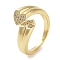 Rack Plating Brass Pave Clear Cubic Zirconia OPen Cuff Rings, Cadmium Free & Lead Free, Long-Lasting Plated, Heart, Real 18K Gold Plated, Adjustable