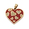 Ion Plating(IP) 304 Stainless Steel Enamel Rhinestone Pendants, Heart Charms, Real 18K Gold Plated, FireBrick, 24x27x2.5mm, Hole: 6.5x4mm