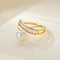 Natural Freshwater Pearl with Clear Cubic Zirconia Cuff Rings, Golden, Round, Inner Diameter: 15~19mm