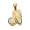 304 Stainless Steel Pendants, with Enamel, Ion Plating(IP), Laser Cut, Real 18K Gold Plated, Letter N, 17x14.5x1.5mm, Hole: 5.5x2.5mm