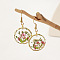 Alloy Epoxy Dried Flower Dangle Earrings, with Steel Pins, Flat Round, Golden, Cerise, 41x21mm