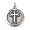 316 Surgical Stainless Steel Pendants, with Jump Ring, Flat Round with Cross & Bible Verse Charm, Antique Silver, 35.5x31.5x3.5mm, Hole: 6.5mm