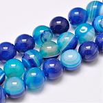 Agata a strisce naturali / fili di perle di agata fasciate, tinti e riscaldato, tondo, grado a, blu, 10mm, Foro: 1 mm, circa 39pcs/filo, 15.2 pollice (387 mm)