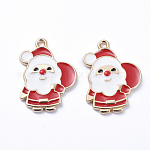 Golden Plated Alloy Enamel Pendants, for Christmas, Santa Claus with the Red Bag, White, 23x17x2mm, Hole: 1mm