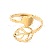 Ion Plating(IP) 304 Stainless Steel Heart & Leaf Adjustable Ring for Women RJEW-K245-35G