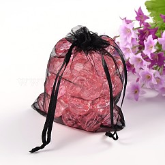 Pochette organza pour cadeaux, pochettes en organza pour pot-pourri, avec cordon de serrage, rectangle, noir, 12x10 cm