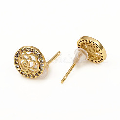 真鍮製スタンドピアス  クリアキュービックジルコニアとイヤーナット付き  バラ付きのフラットラウンド  ゴールドカラー  8.8mm  ピン：0.9mm&nbsp;EJEW-L247-01G