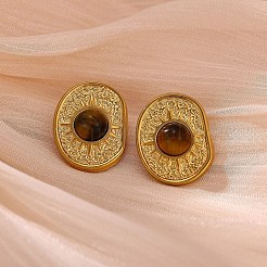 304ステンレススチールと天然タイガーアイのスタッドピアス  太陽とオーバル  ゴールドカラー  23x18mm&nbsp;WG09903-01