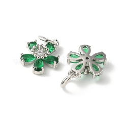 真鍮製マイクロパヴェキュービックジルコニアペンダント  花のチャーム  ラックめっき  持続的なメッキ  カドミウムフリー＆鉛フリー  丸カン付き  グリーン  14.5x12.5x4.5mm  穴：4.5mm&nbsp;KK-U067-03P-02
