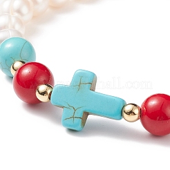 Synthetisches türkisfarbenes (gefärbtes) Kreuz und natürliches Mashan-Jade- und Perlen-Stretch-Armband&nbsp;BJEW-TA00161