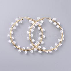 304ステンレススチールフープピアス  アクリル模造パールと真鍮のパーツ  ゴールドカラー  76~78x75~76x6~10mm  ピン：1x0.6mm&nbsp;EJEW-JE03479-03