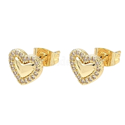 Серьги-гвоздики из латуни с микро-паве и прозрачным фианитом в форме сердца&nbsp;EJEW-P336-03G