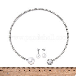 Круглые пластиковые серьги-гвоздики с имитацией жемчуга и комплекты колье-чокеров с кубическим цирконием и стразами SJEW-U003-05P