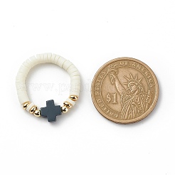 Heishi in argilla polimerica e ematite sintetica e anello da dito elasticizzato con perline incrociate in corallo sintetico per donna&nbsp;RJEW-JR00526