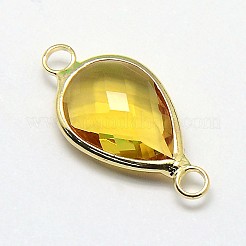 ゴールデントーン真鍮ガラスティアドロップリンクコネクター  きいろ  21x11x5mm  穴：2mm&nbsp;GLAA-J010A-HF06-G