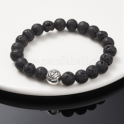 Bracciali elasticizzati con perline rosa in pietra lavica naturale e lega&nbsp;BJEW-JB09398
