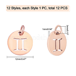 304ステンレススチールチャーム  星座/星座とフラットラウンド  12星座  12x1mm  穴：3mm  12星座  1個/星座  12個/箱&nbsp;STAS-UN0017-18RG