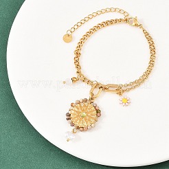 Браслеты с подвесками в виде плоских круглых цветов из нержавеющей стали 304 и эмали&nbsp;BJEW-P375-02G