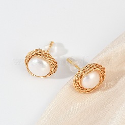 Плоские круглые серьги-гвоздики из латуни с имитацией жемчуга KK-D301-10G