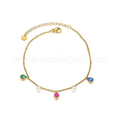 Tobilleras de estilo bohemio con dijes de perlas de plástico blancas redondas y en forma de lágrima de circonita cúbica pavé de acero inoxidable 304&nbsp;FS-WGDB107-05