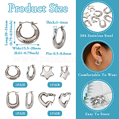 4 пара серег-колец из нержавеющей стали 304 в двух стилях: звезда EJEW-TA0001-17