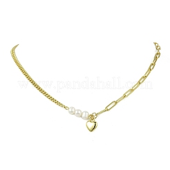 Colliers pendentifs en forme de cœur en laiton avec perles naturelles pour femmes&nbsp;NJEW-JN06008