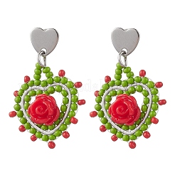 Pendientes colgantes de acero inoxidable con forma de corazón de vidrio&nbsp;EJEW-MZ00608