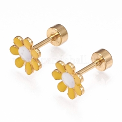 304ステンレススチール製耳たぶプラグ  スクリューバックイヤリング  エナメル  花  ゴールドカラー  ミックスカラー  10.5mm  ピン：1mm&nbsp;EJEW-H105-02