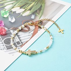 女の子の女性のためのクロスキュービックジルコニアビーズブレスレット  天然アクアマリン＆真鍮ビーズブレスレット  ゴールドカラー  7-5/8インチ（19.5cm）&nbsp;BJEW-JB06848-04