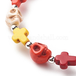 Braccialetto elasticizzato con perline di turchese sintetico (tinto) e perline di teschio&nbsp;BJEW-JB08452-02