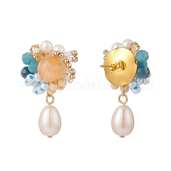 Серьги-гвоздики с подвесками из натурального сердолика и апатита и жемчуга EJEW-TA00163