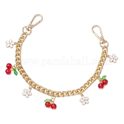 Красное стекло вишня и сплав эмаль белый цветок подвеска алюминиевая панцирная цепочка сумка декоративные цепи AJEW-BA00150