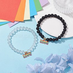 2 個 2 スタイル合成ヘマタイト & ガラスラウンドビーズストレッチブレスレットセット  プライド レインボー フラッグ 合金 エナメル チャーム スタッカブル ブレスレット  言葉  内径：2-3/8インチ（5.9~6.1cm）  1個/スタイル&nbsp;BJEW-JB10051-02