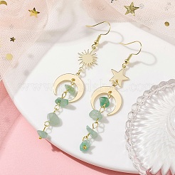 ムーン＆サン＆スター ブラス アシンメトリー イヤリング  ナチュラルグリーンアベンチュリンチップタッセルイヤリング  76~85x18mm&nbsp;EJEW-JE05461-04