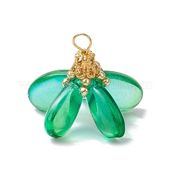 染色されたガラスのペンダント  花  真鍮のループと鉄の金具付き  ダークシーグリーン  20.5x25.5x20.5mm  穴：4x3mm&nbsp;PALLOY-MZ00658-01