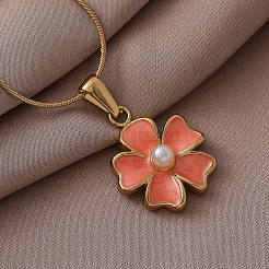 Женские ожерелья с подвеской в виде цветка из нержавеющей стали 304 с эмалью и искусственным жемчугом&nbsp;ZA2839-2