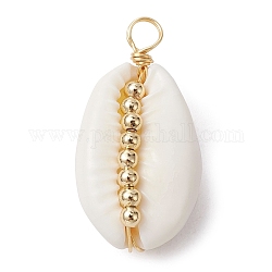 Pendentifs enveloppés de fil de cuivre en coquille de cauri naturelle, breloques coquillage avec perles intercalaires en laiton doré, blanc, 25.5x13.5x8mm, Trou: 2.8mm