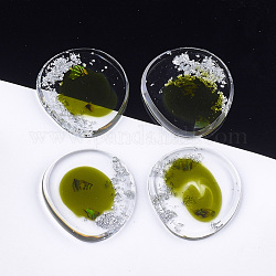 Transparente Harzcabochons, mit Silberfolie, Flachrund, gelb-grün, 32.5x30x4~4.5 mm