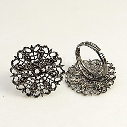 Gunmetal Tone Adjustable Brass Filigree Ring Bases, Lead Free and Cadmium Free,  Ring: 18~19mm in diameter,  1mm thick, Tray: about 25mm in diameter,  0.8mm thick