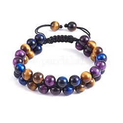 Bracelet en perles tressées en oeil de tigre naturel, Bracelet réglable en pierres précieuses double couche pour femme, diamètre intérieur: 2-1/8~3-1/8 pouce (5.3~7.8 cm)