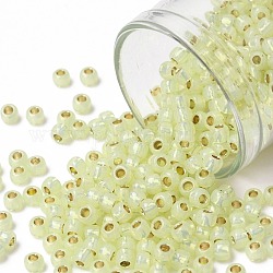 Toho perles de rocaille rondes, Perles de rocaille japonais, (pf2109) permafinish jonquil opale doublée d'argent, 8/0, 3mm, Trou: 1mm, environ 1111 pcs/50 g