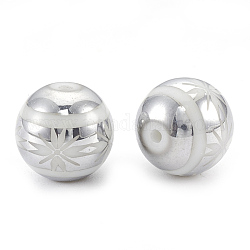 Electroplate Glass Beads, Round with Flower Pattern, Platinum Plated, 10x9.5~10mm, Hole: 1.2mm, 200pcs/bag